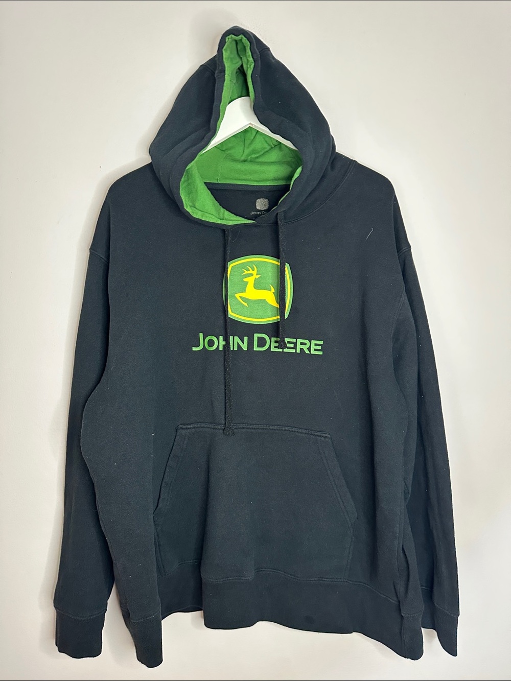 John Deere Black Hoodie with Green Lined Hood & Logo - Men's Pullover size XL
